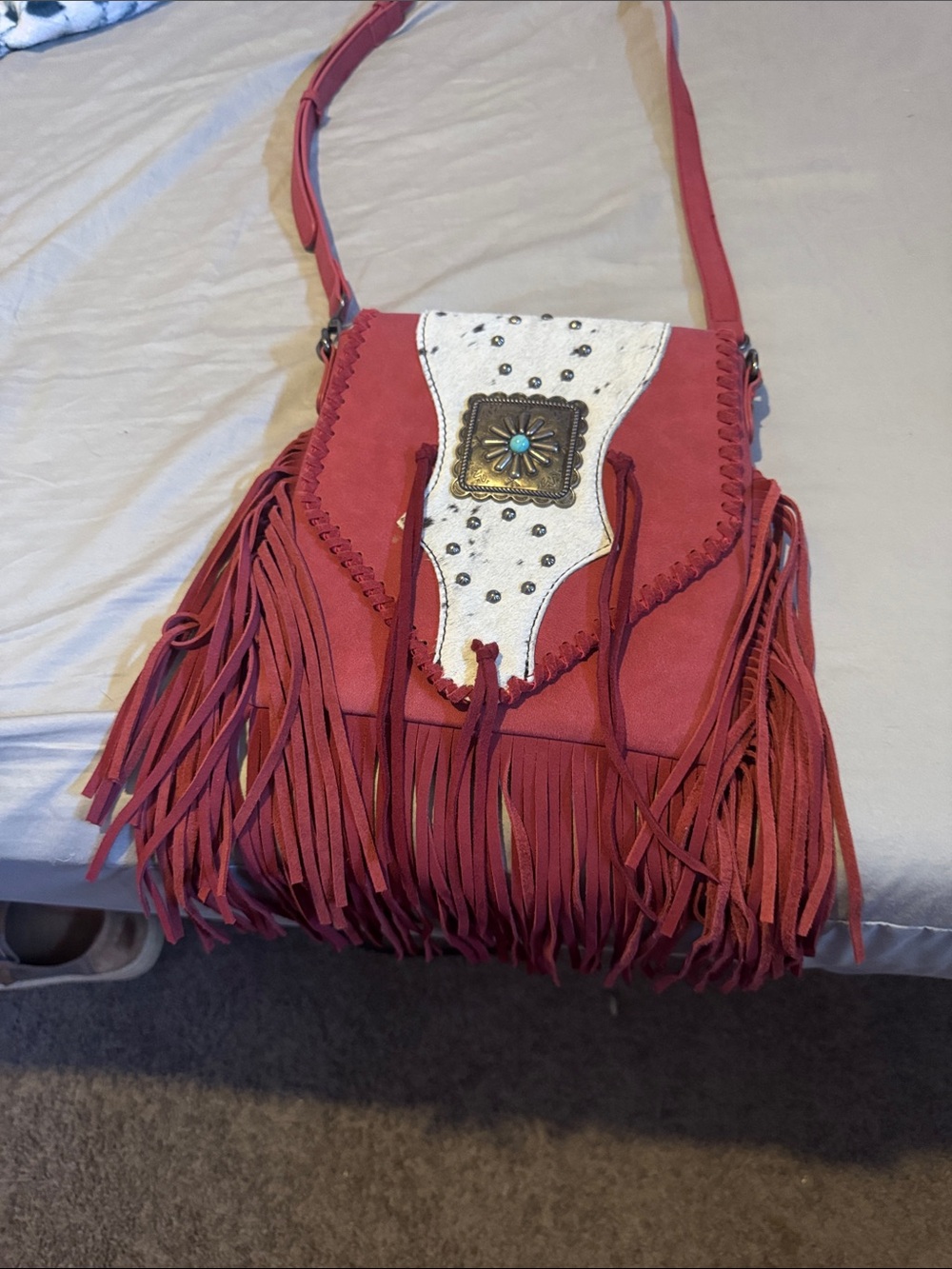 Fringe Crossbody Bag with Concho Accent - Red
